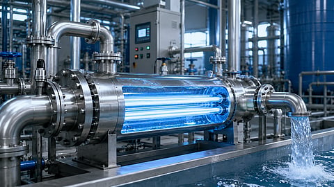 Stainless-steel industrial UV water-treatment reactor with glowing ultraviolet lamps, connected pipelines, control equipment and treated water flowing into a collection basin.