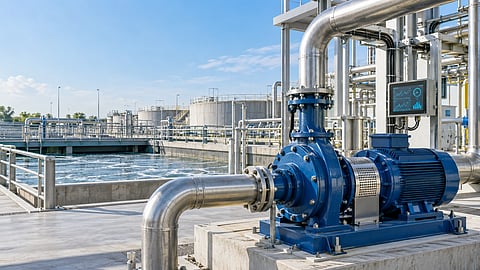 Blue centrifugal pump and electric motor connected to stainless-steel pipelines at a modern water-treatment facility, with a digital monitoring panel displaying performance data.