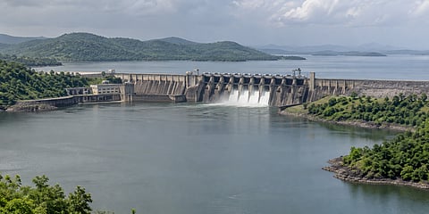 Ukai Dam reservoir in Gujarat with water storage at around 80% capacity.