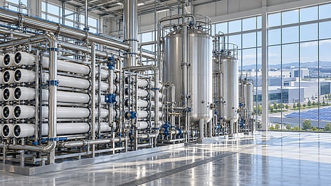 Industrial water purification systems with stainless steel tanks and membrane units beside a manufacturing campus