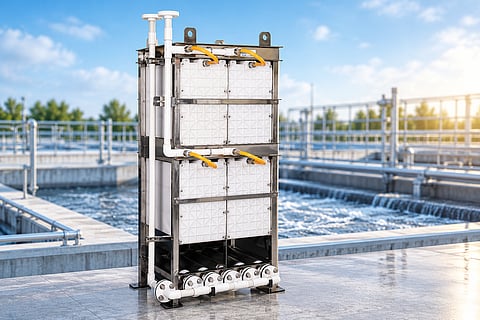 QUA Group membrane filtration unit with stacked white membrane panels, a stainless-steel frame, white PVC pipes, yellow flexible connecting hoses and bottom manifold fittings, positioned beside water-treatment tanks.