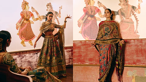 Designer Aditi Gupta's new collection showcases intricate Kalamkari work on lehengas and saris.