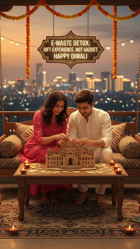 A couple on a festive balcony at night, building a wooden puzzle. The scene is lit with Diwali diyas and city lights in the background, promoting an 'E-Waste Detox' by gifting experiences instead of gadgets. A banner overhead reinforces the message