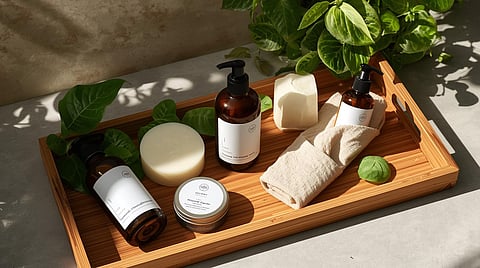 Flatlay of sustainable skincare products including amber glass bottles, cleansing bars, reusable cloth rounds, and leafy plants arranged on a bamboo tray.
