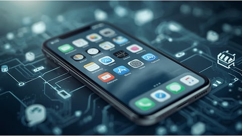 Illustration showing a smartphone with multiple app icons in the background and a battery icon indicating power efficiency, symbolizing that closing background apps does not actually save battery life.