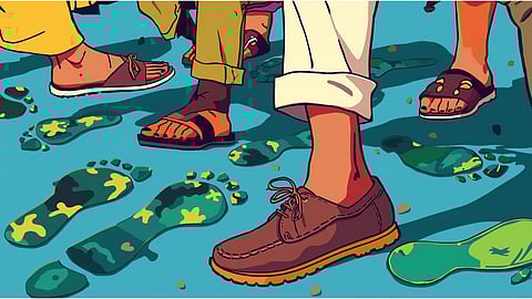 Display of sustainable footwear made from recycled materials, organic fabrics, and handwoven textiles, showcasing eco-friendly shoe options from Indian brands like Roadster, Dress berry, and House of Pataudi