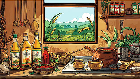 Bottles of 24 Mantra Organic and Two Brothers Organic Farms cooking oils placed in a traditional Indian kitchen setting with spices and millet products