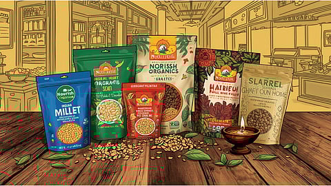 Assortment of Indian millet-based and organic snacks with eco-friendly packaging from Nourish Organics, Soulful, and Slurp Farm on a rustic wooden table.