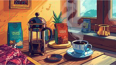 Glass French press with steaming coffee, Two Brothers Organic Farms coffee pack, Organic India spice packets, and Conscious Food grains on a wooden table in a sunlit Indian kitchen.