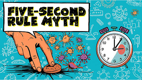 Hand picking up food from the floor with illustrated bacteria transferring from the surface to the food, highlighting the myth of the five-second rule.