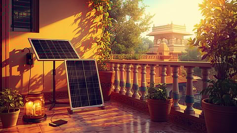 Indian home terrace with DIY solar panel charging a smartphone and colorful solar garden lights made from recycled jars surrounded by plants.