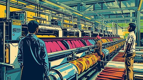 Textile workers operating waterless dyeing machines in a factory with vibrant colored fabrics and a clean industrial environment.