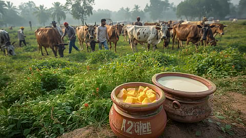 Indigenous Indian cows grazing on a sustainable dairy farm, with fresh A2 ghee made traditionally in the foreground.