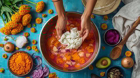 Hands immersed in a natural dye bath made from onion skins and marigold petals, coloring a cotton fabric sustainably at home.