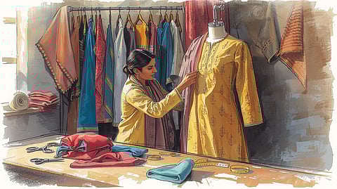A vibrant Indian wardrobe scene showing a tailor fitting a traditional kurta, with fabric swatches and sewing tools on a wooden table, bright natural light highlighting textures and colors.