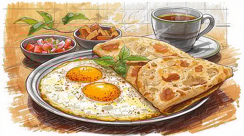 Plate of omelette served with chapati and fresh salad, accompanied by a cup of chai on a traditional Indian wooden table.