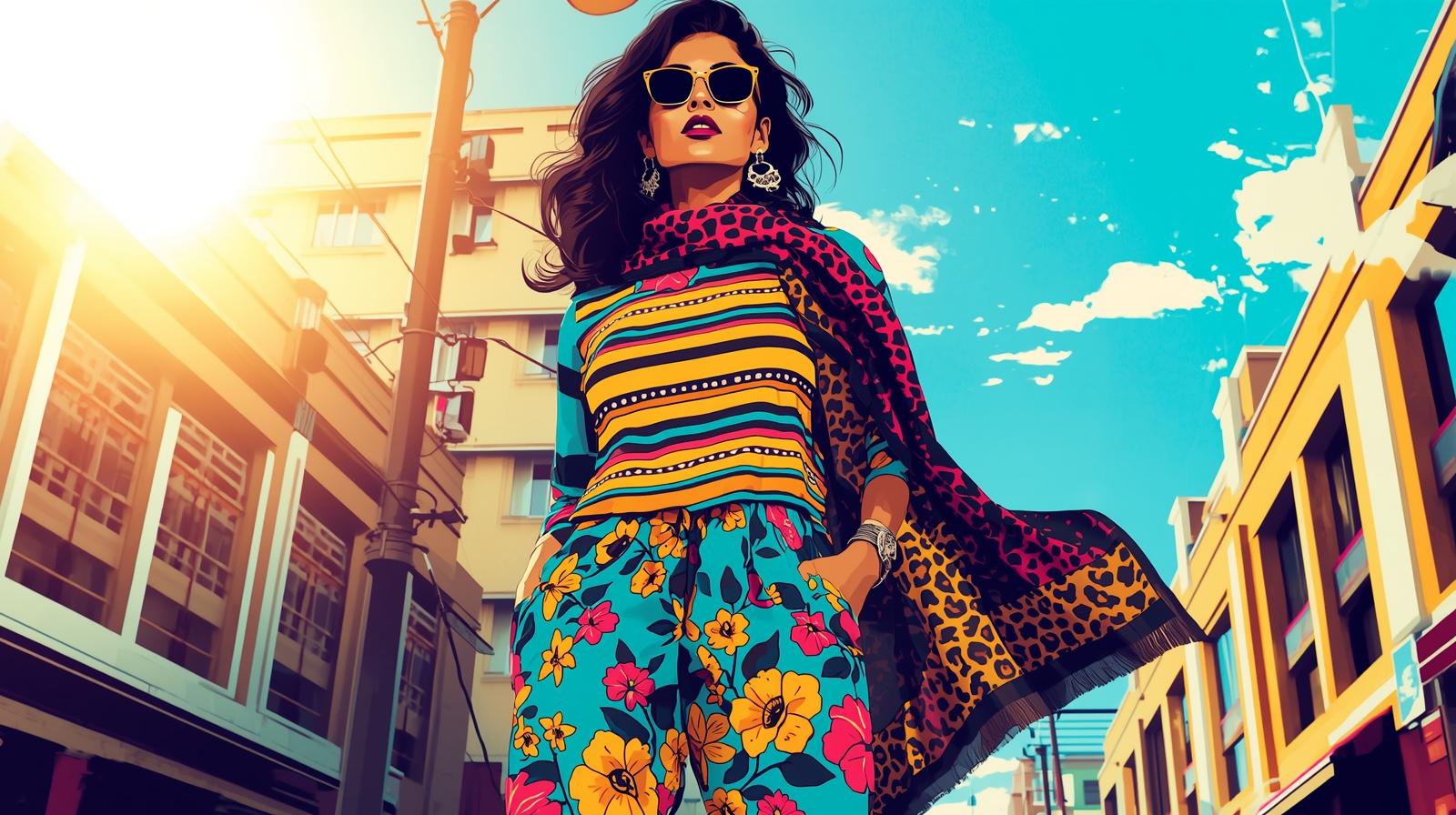 A stylish Indian woman confidently wearing a mixed print outfit combining a striped kurta, floral palazzo pants, and a subtle leopard print scarf, standing against a vibrant urban backdrop during daytime, showcasing bold and harmonious print mixing in modern Indian fashion.