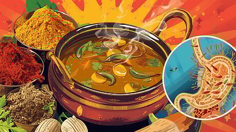 An Indian kitchen scene showing colorful spices like red chili powder, turmeric, and coriander with a bowl of traditional Indian curry, alongside a medical illustration of the stomach highlighting the H. pylori bact.