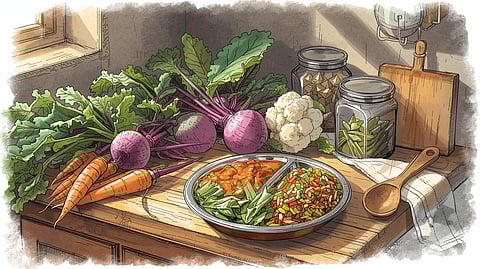 An Indian kitchen countertop with fresh vegetables showing leaves and stems, alongside traditional Indian dishes made from vegetable scraps, highlighting sustainable cooking.