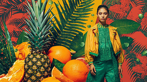 Model wearing sustainable bio-textile clothing made from algae fabric, standing next to baskets of pineapple leaves and orange peels, symbolizing eco-friendly Indian fashion.