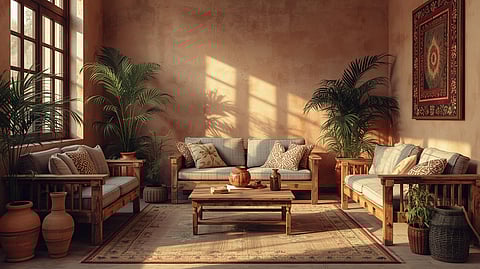 A serene Indian living room featuring rustic wooden furniture with visible wear, handwoven cotton cushions, terracotta pottery with indoor plants, and vintage block-printed textiles, styled to reflect the Wabi-Sabi.