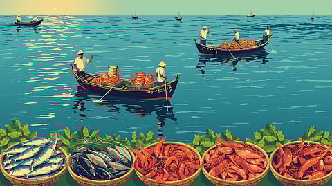 A vibrant illustration showing India’s coastline with fishermen using traditional boats, alongside fresh seafood displayed in eco‑friendly baskets. Highlight ocean waves in calming blue tones, with icons.