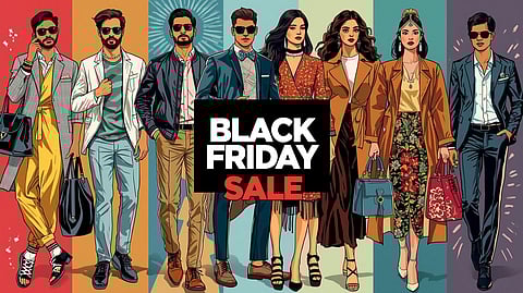 An image of fashion for indian men and women depicting black friday sale including Indian and Western and ethnic wear, footwear, bags, watches, and more