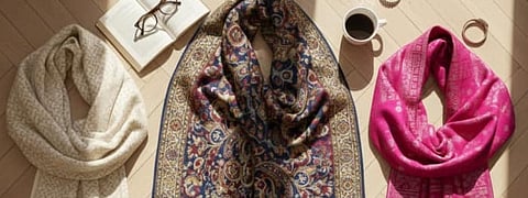 Upgrade your winter wardrobe with elegant shawls that blend softness, warmth and beautiful woven or printed designs.