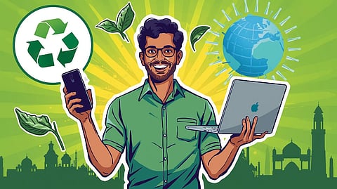 An Indian consumer choosing refurbished gadgets contributes to sustainability by reducing e-waste and saving money.