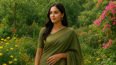 Organic silk meets playful Indian charm, a fresh, eco-friendly drape set against florals, sunshine and garden magic.