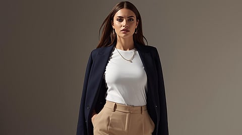 A simple tee, styled with intention, becomes the foundation of a chic and refined look.