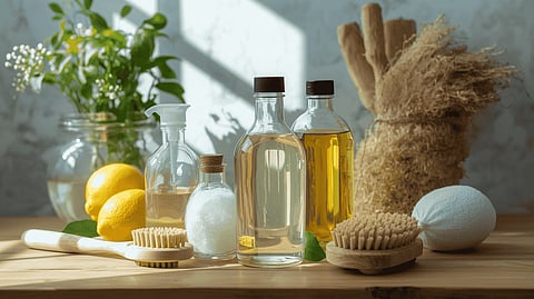 There are several natural cleansers available right in your kitchen such as baking soda, vinegar, and eco-friendly brushes that can help you maintain clean and clear kitchen in an affordable yet easy way.