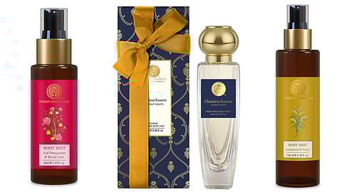 Forest Essentials body mists in sandalwood, mogra & pomegranate—light, cooling fragrances perfect for everyday freshness without feeling heavy or overpowering.