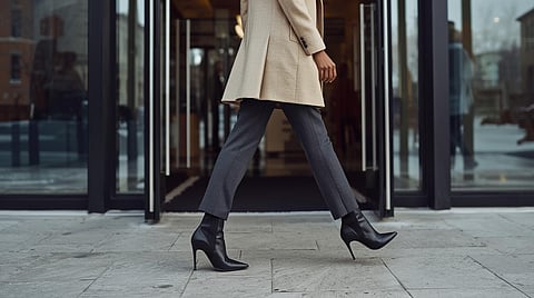A working woman wearing pointed-toe ankle boots with tailored trousers and a winter coat, styled for professional office wear during Indian winters.
