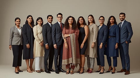 Indian men and women in professional interview outfits including blazers, kurtas, sarees, and plus-size formal wear, styled for modern workplaces.