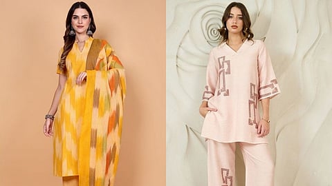 A models wearing white kurta with a striped print and a V-neck