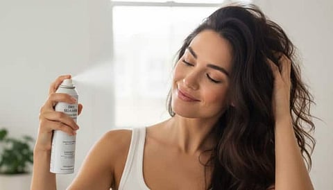 A girl using dry shampoo on her hair.