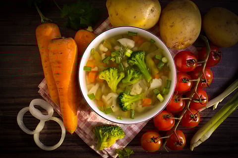 Several characteristics of soup have been suggested to be involved in enhancing satiety, including the amount consumed, temperature, fat content, and energy content.”