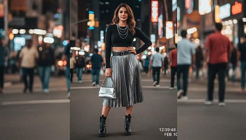 Women wearing metalic midi pleated skirt on a busy road.