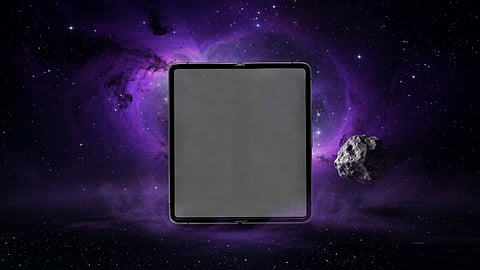 Conceptual representation only – crease-free foldable iPhone in deep space (not a real device).