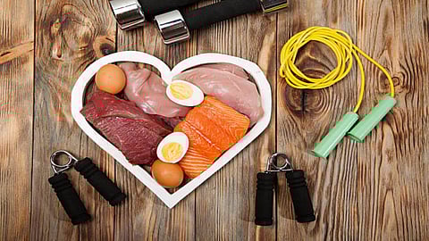 Consumption of excess protein can damage heart health by enhancing atherosclerosis, hardening of arteries.