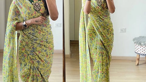 This floral saree is ideal for both formal and festive celebrations.