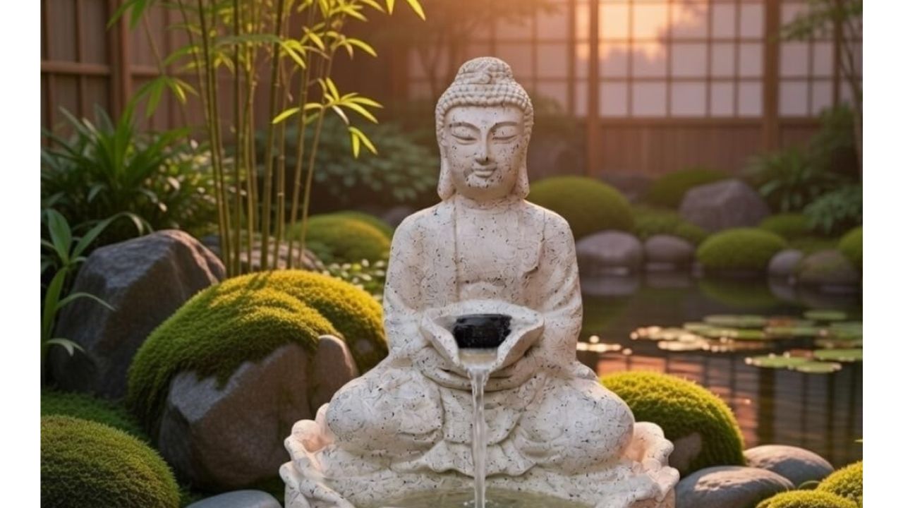 A calm living room setup with spiritual decor like idols, soft lighting and simple accents.