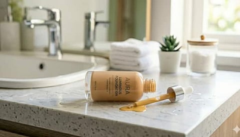 Foundation bottle on a tabletop with a dropper.