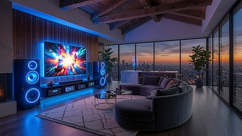 Modern home entertainment setup with a TV and home theatre speakers in a living room.