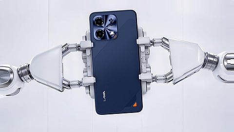 Lava Bold N2 5G in Billionaire Blue and Regal Gold showcasing its design and dual rear camera setup.