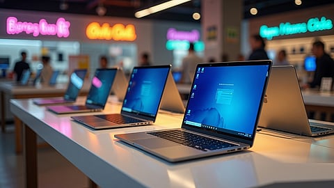 Several laptops displayed on a showroom table inside an electronics store, representing affordable laptops for students and everyday productivity.