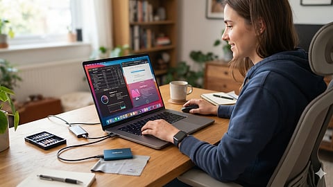 Person using a laptop at a desk with external storage and accessories for improved performance.