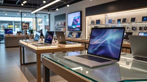 Different laptop models displayed at an electronics store for customers to compare features and specifications.