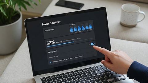 A laptop displaying the Windows Power & Battery settings screen with Battery Saver enabled to improve battery life.